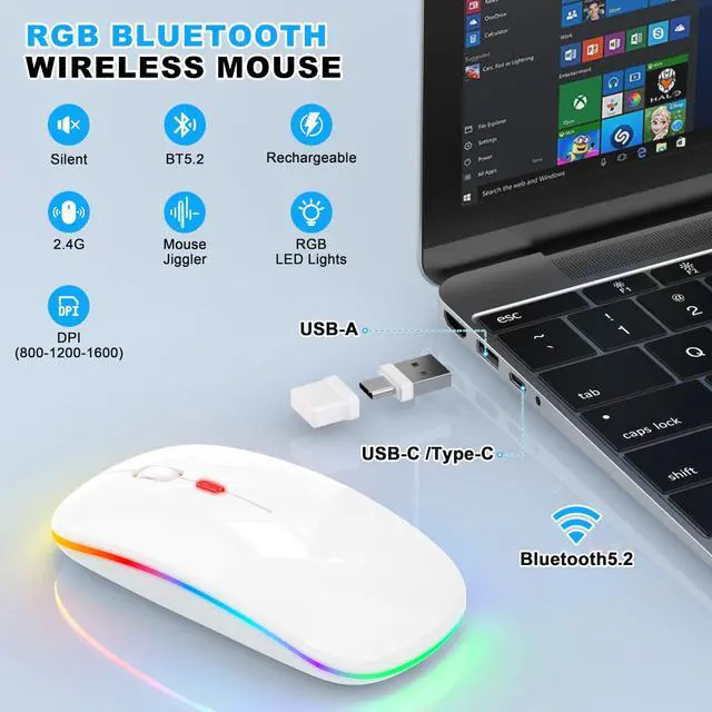 Alt view image 2 of 7 - LED Bluetooth Wireless Mouse for MacBook Air Mac Pro Laptop Computer iPad, Rechargeable Silent Light-Up Mouse Jiggler Optical Dual Mode BT5.2 & USB-A/USB-C for Students, Kids, Girls, Boys - White