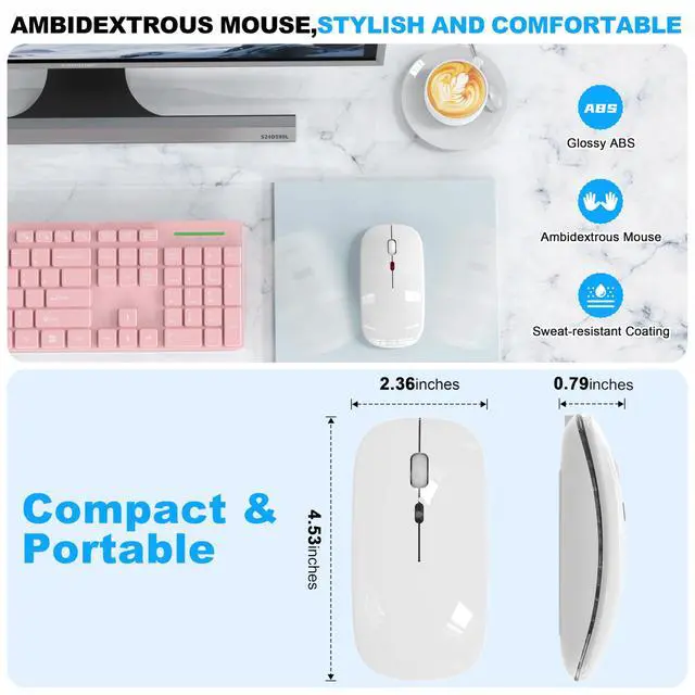 Alt view image 7 of 7 - LED Bluetooth Wireless Mouse for MacBook Air Mac Pro Laptop Computer iPad, Rechargeable Silent Light-Up Mouse Jiggler Optical Dual Mode BT5.2 & USB-A/USB-C for Students, Kids, Girls, Boys - White