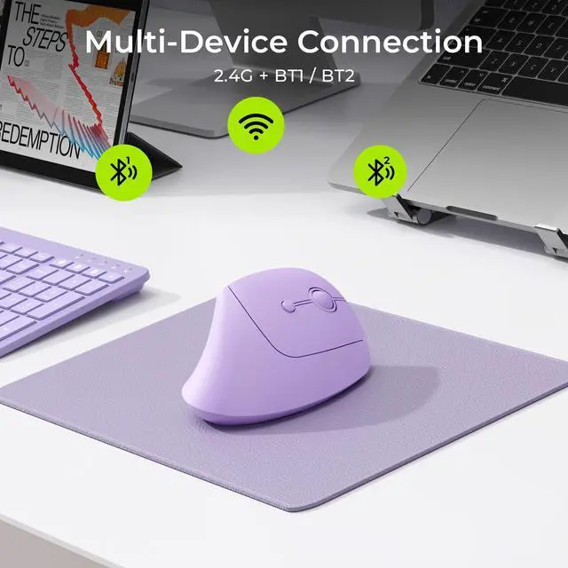 Alt view image 2 of 7 - Ergonomic Wireless Mouse, MOU200 Vertical Bluetooth Mouse with 2.4G USB Receiver, Dual Bluetooth, Quiet Clicks, 52° Grip, 3-Level DPI, 83g Right Hand Mouse for Laptop PC Mac Android, Purple