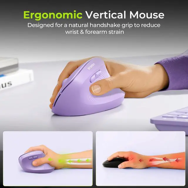 Alt view image 3 of 7 - Ergonomic Wireless Mouse, MOU200 Vertical Bluetooth Mouse with 2.4G USB Receiver, Dual Bluetooth, Quiet Clicks, 52° Grip, 3-Level DPI, 83g Right Hand Mouse for Laptop PC Mac Android, Purple