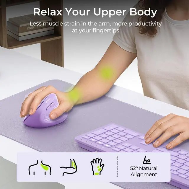 Alt view image 7 of 7 - Ergonomic Wireless Mouse, MOU200 Vertical Bluetooth Mouse with 2.4G USB Receiver, Dual Bluetooth, Quiet Clicks, 52° Grip, 3-Level DPI, 83g Right Hand Mouse for Laptop PC Mac Android, Purple