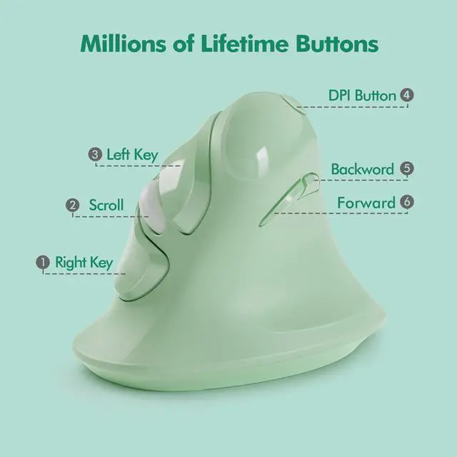 Alt view image 5 of 7 - Ergonomic Vertical Wireless Mouse, Silent Cordless Mouse with USB-A & Type-C Receiver, 800/1200/1600 DPI, 6 Buttons, Reduces Wrist Strain for Windows, Mac, PC & Laptop Green