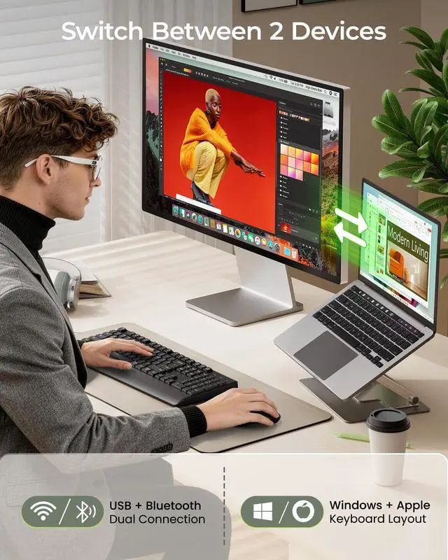 Alt view image 2 of 7 - Wireless Bluetooth Keyboard Mouse Combo, COE200 Ergonomic Keyboard with Wrist Rest, Silent Mouse, Multi-Device Connection, Full-Size Compatible for Windows PC Laptop Mac MacBook, Black