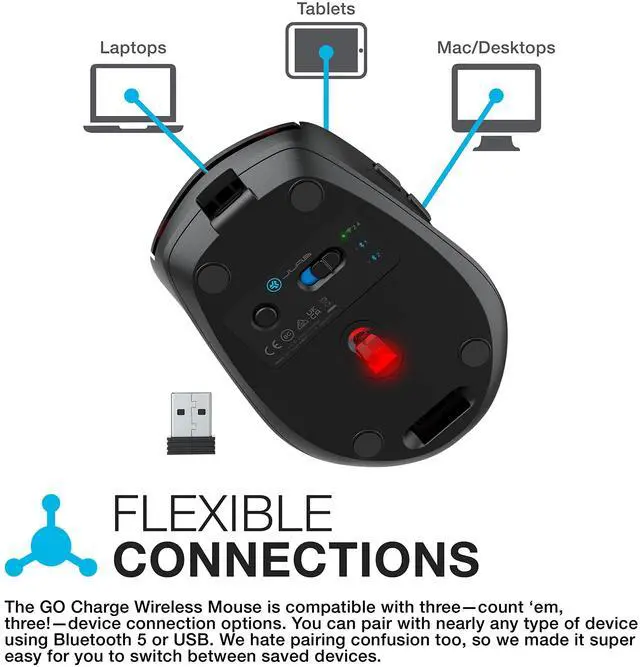 Alt view image 2 of 7 - GO Charge, Wireless Mouse, Bluetooth, USB Dongle, Multi-Device, Compact, Rechargeable, Black
