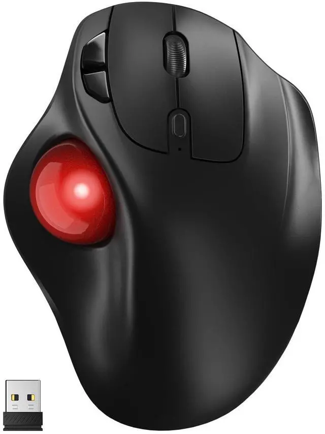 Main image of Ergonomic Wireless Trackball Mouse, 3 Device Connection (Bluetooth or 2.4G USB Receiver) Bluetooth Quiet Computer Mouse, 2*AAA Battery Thumb Laptop Mice with 5 Level DPI for PC/Laptop/Mac/Windows Red