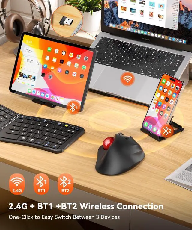Alt view image 3 of 6 - Ergonomic Wireless Trackball Mouse, 3 Device Connection (Bluetooth or 2.4G USB Receiver) Bluetooth Quiet Computer Mouse, 2*AAA Battery Thumb Laptop Mice with 5 Level DPI for PC/Laptop/Mac/Windows Red
