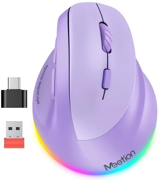 Main image of Ergonomic Mouse, Wireless Vertical Mouse RGB Backlit Rechargeable Mice for Bluetooth(5.2 + 3.0) & USB-A with USB-C Adapter 4 Adjustable DPI Compatible Mac/Windows/Andriod/PC/Tablet/iPad Purple