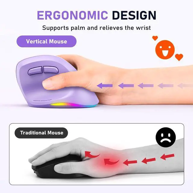 Alt view image 2 of 7 - Ergonomic Mouse, Wireless Vertical Mouse RGB Backlit Rechargeable Mice for Bluetooth(5.2 + 3.0) & USB-A with USB-C Adapter 4 Adjustable DPI Compatible Mac/Windows/Andriod/PC/Tablet/iPad Purple