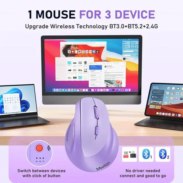 Alt view image 3 of 7 - Ergonomic Mouse, Wireless Vertical Mouse RGB Backlit Rechargeable Mice for Bluetooth(5.2 + 3.0) & USB-A with USB-C Adapter 4 Adjustable DPI Compatible Mac/Windows/Andriod/PC/Tablet/iPad Purple