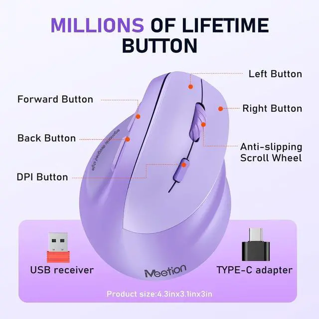 Alt view image 6 of 7 - Ergonomic Mouse, Wireless Vertical Mouse RGB Backlit Rechargeable Mice for Bluetooth(5.2 + 3.0) & USB-A with USB-C Adapter 4 Adjustable DPI Compatible Mac/Windows/Andriod/PC/Tablet/iPad Purple