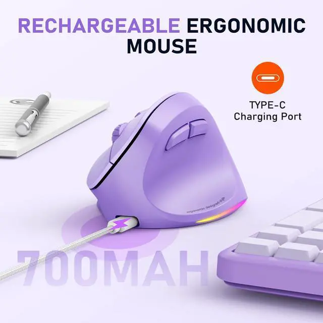 Alt view image 7 of 7 - Ergonomic Mouse, Wireless Vertical Mouse RGB Backlit Rechargeable Mice for Bluetooth(5.2 + 3.0) & USB-A with USB-C Adapter 4 Adjustable DPI Compatible Mac/Windows/Andriod/PC/Tablet/iPad Purple