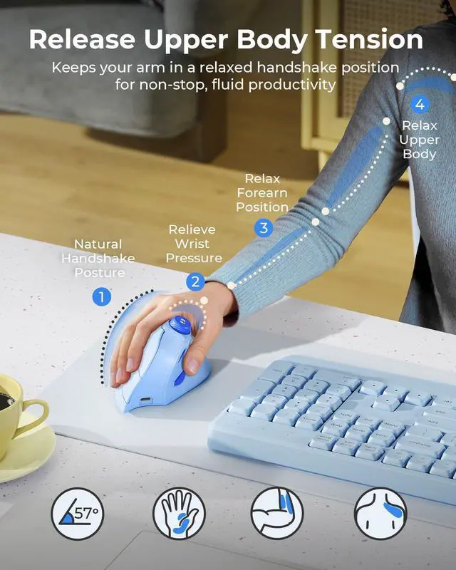 Alt view image 3 of 7 - Ergonomic Mouse Wireless, MOU-302 Bluetooth Vertical Mouse Rechargeable, Volume Knob, Silent Mice & 1000/1600/2400 DPI, 3 Multi-Device Connection for Windows/PC/Laptop/Mac/MacBook, Blue