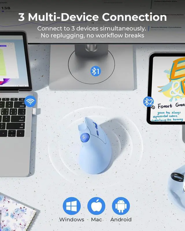 Alt view image 6 of 7 - Ergonomic Mouse Wireless, MOU-302 Bluetooth Vertical Mouse Rechargeable, Volume Knob, Silent Mice & 1000/1600/2400 DPI, 3 Multi-Device Connection for Windows/PC/Laptop/Mac/MacBook, Blue