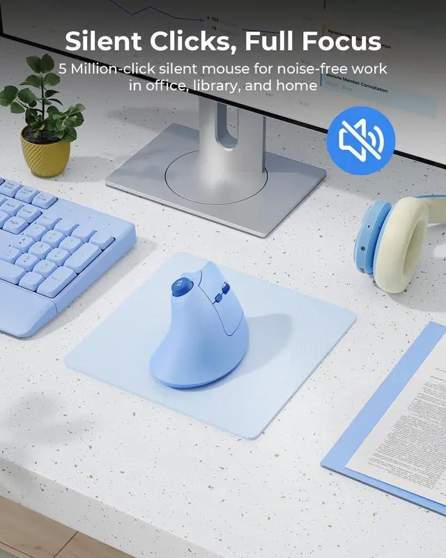 Alt view image 7 of 7 - Ergonomic Mouse Wireless, MOU-302 Bluetooth Vertical Mouse Rechargeable, Volume Knob, Silent Mice & 1000/1600/2400 DPI, 3 Multi-Device Connection for Windows/PC/Laptop/Mac/MacBook, Blue