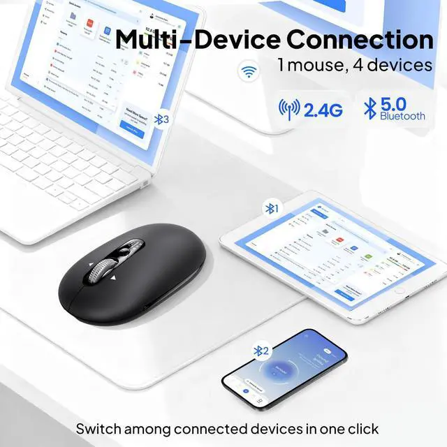 Alt view image 2 of 7 - Wireless Bluetooth Mouse,USB+BT×2,Slim Pebble Multi Device Small Travel Mice,Metal 4 Way Super Scrolling,± 3000 DPI,8 Buttons,Quiet,Portable,Long Battery for Laptop,Computer,Tablet,Mac,iPad,PC,Phone