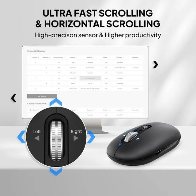 Alt view image 3 of 7 - Wireless Bluetooth Mouse,USB+BT×2,Slim Pebble Multi Device Small Travel Mice,Metal 4 Way Super Scrolling,± 3000 DPI,8 Buttons,Quiet,Portable,Long Battery for Laptop,Computer,Tablet,Mac,iPad,PC,Phone