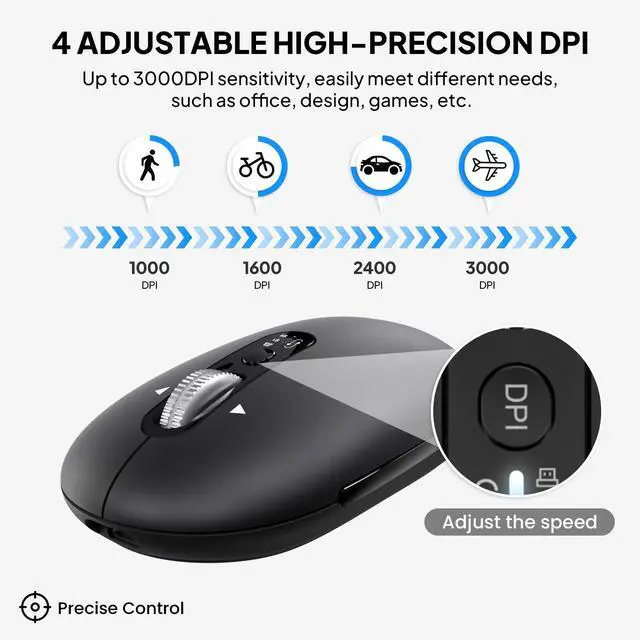 Alt view image 4 of 7 - Wireless Bluetooth Mouse,USB+BT×2,Slim Pebble Multi Device Small Travel Mice,Metal 4 Way Super Scrolling,± 3000 DPI,8 Buttons,Quiet,Portable,Long Battery for Laptop,Computer,Tablet,Mac,iPad,PC,Phone