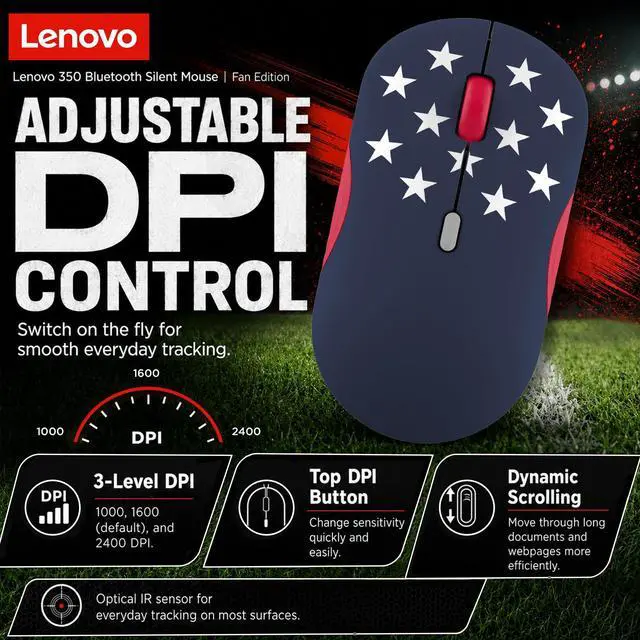 Alt view image 3 of 7 - 350 Bluetooth Silent Mouse (Fan Edition), Wireless Ergonomic Ambidextrous Design, Bluetooth 5.3, Adjustable DPI up to 2400, 36 Month Battery Life, Recycled Materials, USA Flag
