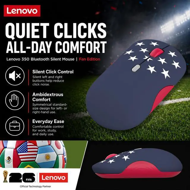Alt view image 5 of 7 - 350 Bluetooth Silent Mouse (Fan Edition), Wireless Ergonomic Ambidextrous Design, Bluetooth 5.3, Adjustable DPI up to 2400, 36 Month Battery Life, Recycled Materials, USA Flag