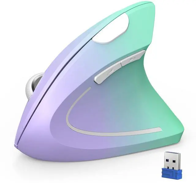 Main image of Ergonomic Mouse Vertical Wireless - Carpal Tunnel Mice, 4800 DPI Optical Tracking, 2.4GHz with USB A Receiver, 12 Months Battery, 6 Buttons, Quiet Clicks, for Laptop, PC - Green Purple