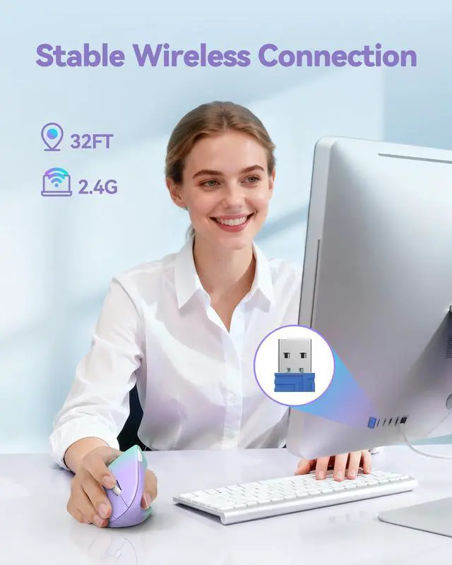 Alt view image 2 of 7 - Ergonomic Mouse Vertical Wireless - Carpal Tunnel Mice, 4800 DPI Optical Tracking, 2.4GHz with USB A Receiver, 12 Months Battery, 6 Buttons, Quiet Clicks, for Laptop, PC - Green Purple