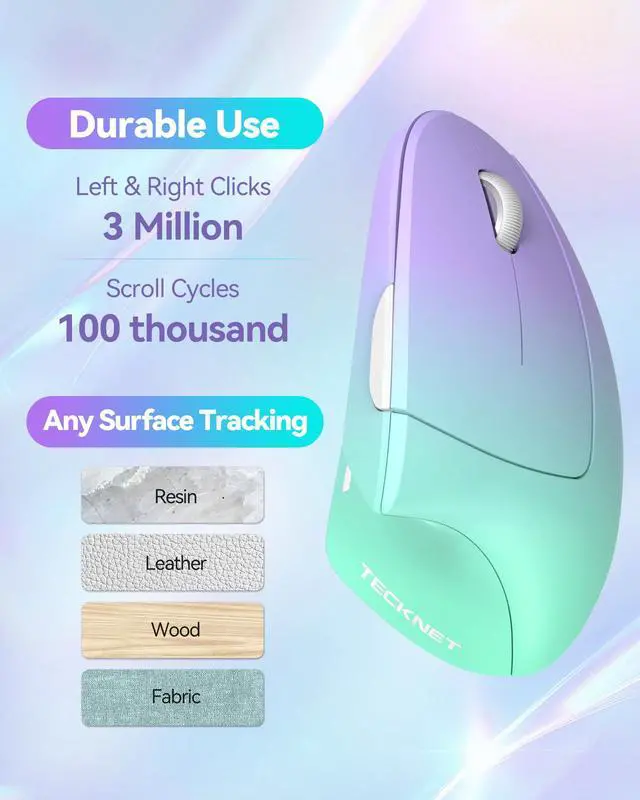 Alt view image 3 of 7 - Ergonomic Mouse Vertical Wireless - Carpal Tunnel Mice, 4800 DPI Optical Tracking, 2.4GHz with USB A Receiver, 12 Months Battery, 6 Buttons, Quiet Clicks, for Laptop, PC - Green Purple