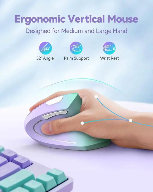 Alt view image 5 of 7 - Ergonomic Mouse Vertical Wireless - Carpal Tunnel Mice, 4800 DPI Optical Tracking, 2.4GHz with USB A Receiver, 12 Months Battery, 6 Buttons, Quiet Clicks, for Laptop, PC - Green Purple