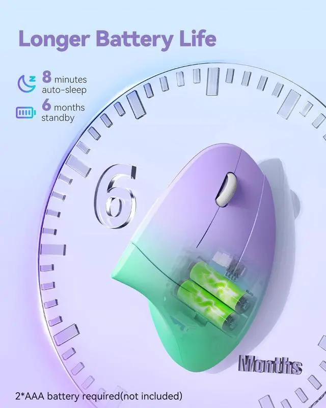 Alt view image 6 of 7 - Ergonomic Mouse Vertical Wireless - Carpal Tunnel Mice, 4800 DPI Optical Tracking, 2.4GHz with USB A Receiver, 12 Months Battery, 6 Buttons, Quiet Clicks, for Laptop, PC - Green Purple