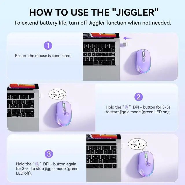 Alt view image 2 of 7 - Wireless Mouse Jiggler, Rechargeable Mouse with Built-in Mouse Mover, 6 Adjustable DPI & 14 LED Modes, Silent Click, Undetectable Random Movement Keeps Computer Awake for Laptop/PC/Mac- Purple