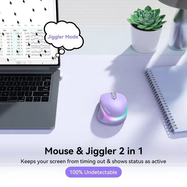 Alt view image 3 of 7 - Wireless Mouse Jiggler, Rechargeable Mouse with Built-in Mouse Mover, 6 Adjustable DPI & 14 LED Modes, Silent Click, Undetectable Random Movement Keeps Computer Awake for Laptop/PC/Mac- Purple