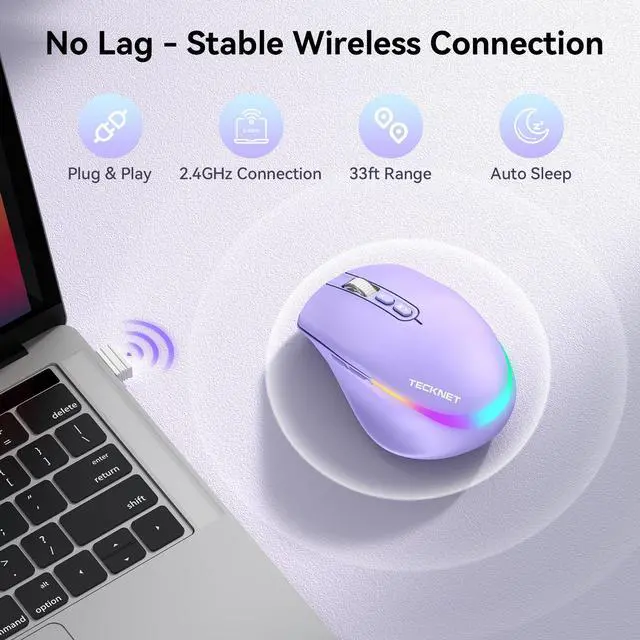 Alt view image 4 of 7 - Wireless Mouse Jiggler, Rechargeable Mouse with Built-in Mouse Mover, 6 Adjustable DPI & 14 LED Modes, Silent Click, Undetectable Random Movement Keeps Computer Awake for Laptop/PC/Mac- Purple