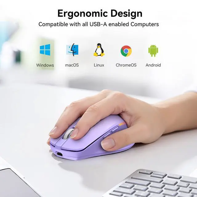 Alt view image 6 of 7 - Wireless Mouse Jiggler, Rechargeable Mouse with Built-in Mouse Mover, 6 Adjustable DPI & 14 LED Modes, Silent Click, Undetectable Random Movement Keeps Computer Awake for Laptop/PC/Mac- Purple