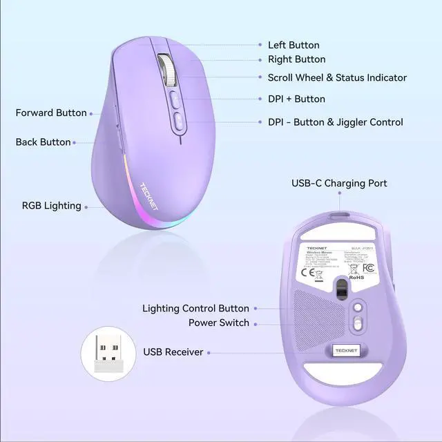 Alt view image 7 of 7 - Wireless Mouse Jiggler, Rechargeable Mouse with Built-in Mouse Mover, 6 Adjustable DPI & 14 LED Modes, Silent Click, Undetectable Random Movement Keeps Computer Awake for Laptop/PC/Mac- Purple