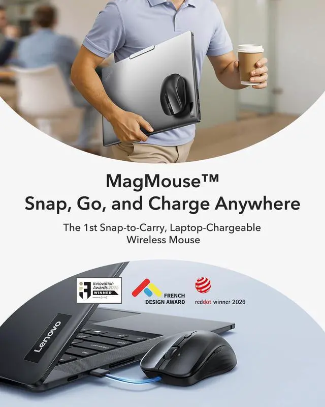 Alt view image 2 of 7 - MagMouse Snap-to-Carry Bluetooth Mouse, Rechargeable Wireless Mouse for Laptop with Built-in Charging Cable, Reusable Adhesive Holder, BT 5.0 + 2.4 GHz Connectivity, Silent, Ergonomic, Black