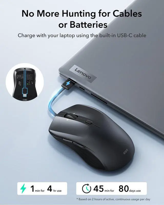 Alt view image 6 of 7 - MagMouse Snap-to-Carry Bluetooth Mouse, Rechargeable Wireless Mouse for Laptop with Built-in Charging Cable, Reusable Adhesive Holder, BT 5.0 + 2.4 GHz Connectivity, Silent, Ergonomic, Black