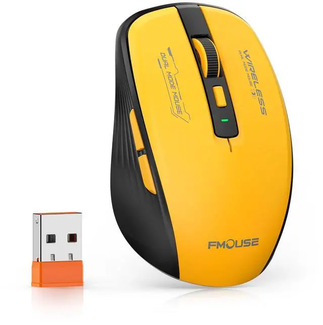 Main image of Wireless Mouse, Bluetooth & 2.4GHz Dual Mode, No Charging Needed (AA Battery), Silent Click, Side Shortcut Keys, 4-Level DPI, Compact for MacBook Laptop iPad PC Yellow & Black