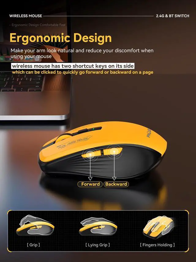 Alt view image 4 of 7 - Wireless Mouse, Bluetooth & 2.4GHz Dual Mode, No Charging Needed (AA Battery), Silent Click, Side Shortcut Keys, 4-Level DPI, Compact for MacBook Laptop iPad PC Yellow & Black