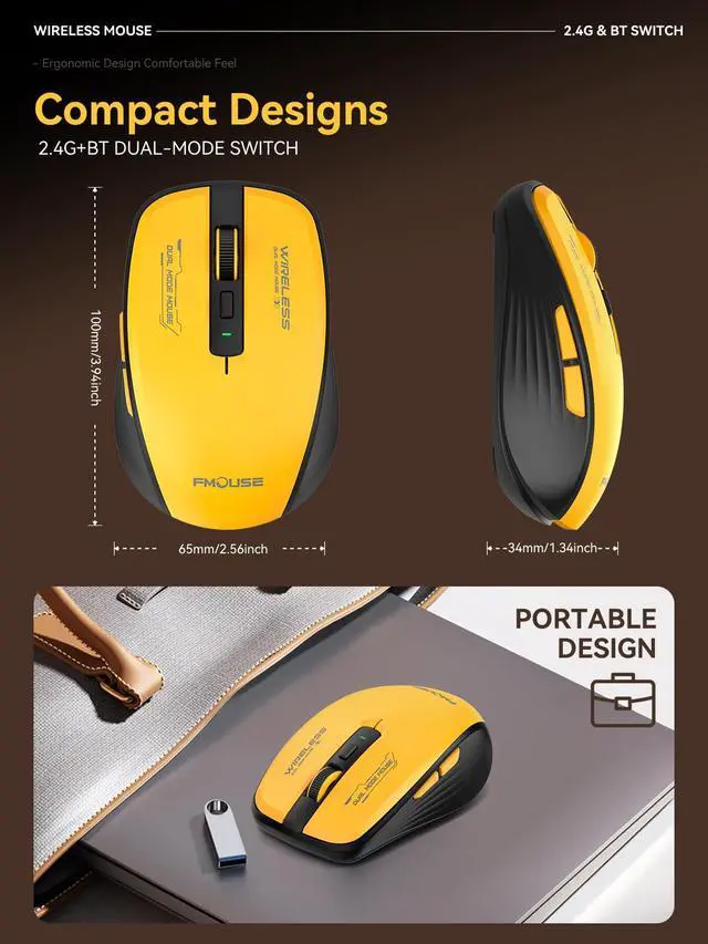 Alt view image 7 of 7 - Wireless Mouse, Bluetooth & 2.4GHz Dual Mode, No Charging Needed (AA Battery), Silent Click, Side Shortcut Keys, 4-Level DPI, Compact for MacBook Laptop iPad PC Yellow & Black