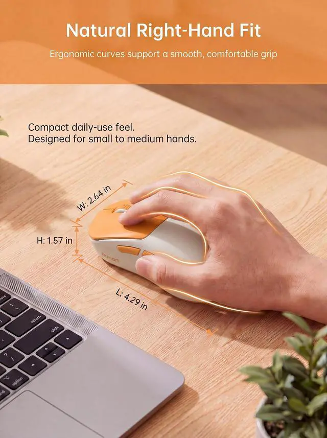Alt view image 7 of 7 - H6 49g Wireless Mouse, Bluetooth & 2.4GHz Rechargeable Mouse, Lightweight Silent Ergonomic Mouse with USB-C Charging, Portable Right-Hand Office Mouse for Laptop, PC, MacBook, Office(Orange)