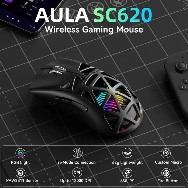 Alt view image 2 of 7 - Aula SC620 Wireless Gaming Mouse, Tri-Mode 2.4GHz/USB-C/BT5.3 Computer Mouse with 12000 DPI, Programmable Macro Gamer Mouse with Rapid Fire Key, RGB Light Gaming Mice for PC/Laptop/Mac(Black)