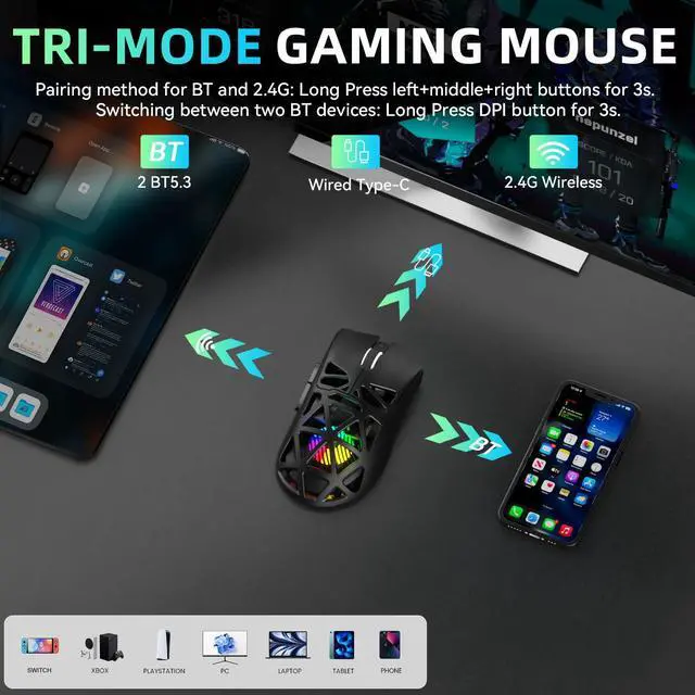 Alt view image 3 of 7 - Aula SC620 Wireless Gaming Mouse, Tri-Mode 2.4GHz/USB-C/BT5.3 Computer Mouse with 12000 DPI, Programmable Macro Gamer Mouse with Rapid Fire Key, RGB Light Gaming Mice for PC/Laptop/Mac(Black)