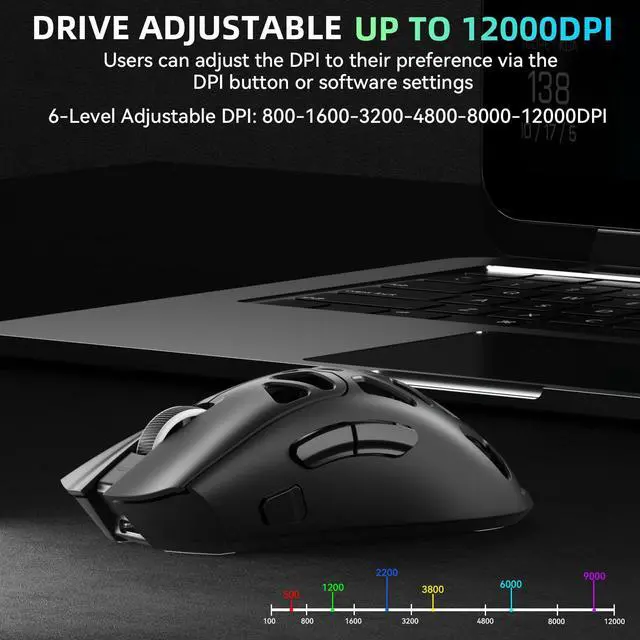 Alt view image 4 of 7 - Aula SC620 Wireless Gaming Mouse, Tri-Mode 2.4GHz/USB-C/BT5.3 Computer Mouse with 12000 DPI, Programmable Macro Gamer Mouse with Rapid Fire Key, RGB Light Gaming Mice for PC/Laptop/Mac(Black)