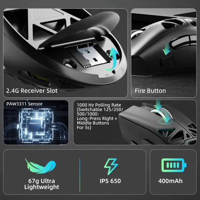 Alt view image 5 of 7 - Aula SC620 Wireless Gaming Mouse, Tri-Mode 2.4GHz/USB-C/BT5.3 Computer Mouse with 12000 DPI, Programmable Macro Gamer Mouse with Rapid Fire Key, RGB Light Gaming Mice for PC/Laptop/Mac(Black)