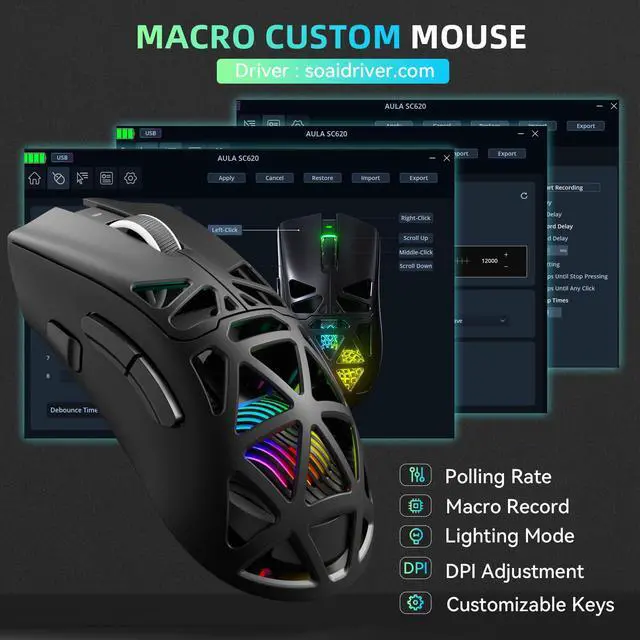 Alt view image 6 of 7 - Aula SC620 Wireless Gaming Mouse, Tri-Mode 2.4GHz/USB-C/BT5.3 Computer Mouse with 12000 DPI, Programmable Macro Gamer Mouse with Rapid Fire Key, RGB Light Gaming Mice for PC/Laptop/Mac(Black)