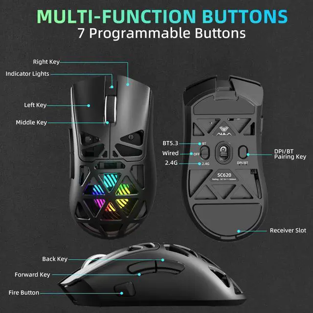 Alt view image 7 of 7 - Aula SC620 Wireless Gaming Mouse, Tri-Mode 2.4GHz/USB-C/BT5.3 Computer Mouse with 12000 DPI, Programmable Macro Gamer Mouse with Rapid Fire Key, RGB Light Gaming Mice for PC/Laptop/Mac(Black)