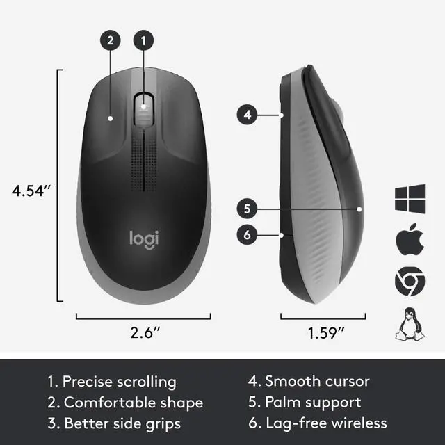 Alt view image 5 of 6 - Wireless Mouse M190 - Full Size Ambidextrous Curve Design, 18-Month Battery with Power Saving Mode, Precise Cursor Control & Scrolling, Wide Scroll Wheel, Thumb Grips - Mid Grey