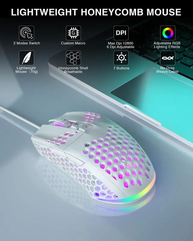 Alt view image 2 of 7 - SM900 Gaming Mouse Wired with RGB,Adjustable 12800 DPI Wired Gaming Mouse with Side Buttons,Computer Mouse for Laptop/PC,White