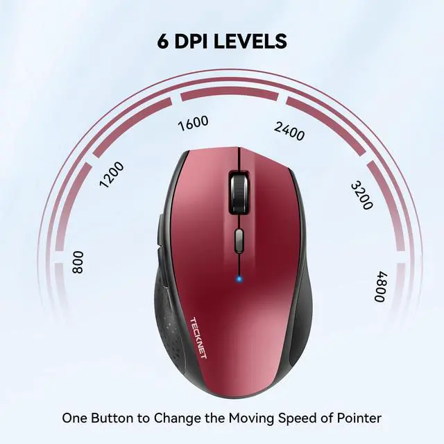 Alt view image 2 of 6 - Bluetooth Mouse, 4800 DPI Wireless Mouse, 2-Year Battery 6 Adjustable DPI, 6 Buttons Compatible with Laptop/Windows/Computer - Red