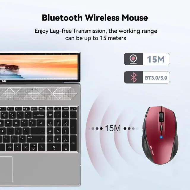 Alt view image 3 of 6 - Bluetooth Mouse, 4800 DPI Wireless Mouse, 2-Year Battery 6 Adjustable DPI, 6 Buttons Compatible with Laptop/Windows/Computer - Red