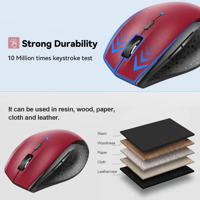 Alt view image 5 of 6 - Bluetooth Mouse, 4800 DPI Wireless Mouse, 2-Year Battery 6 Adjustable DPI, 6 Buttons Compatible with Laptop/Windows/Computer - Red